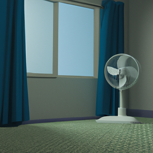 A room with a freshly cleaned carpet, showing a fan and an open window to improve airflow.