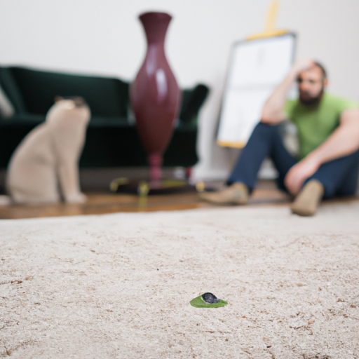 A close-up of a deep stain on a carpet with a frustrated homeowner in the background.