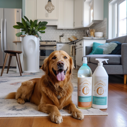 A happy pet owner using an enzymatic cleaner in a pet-friendly household