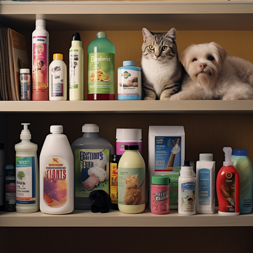 1. A variety of pet stain and odor removal products displayed on a shelf