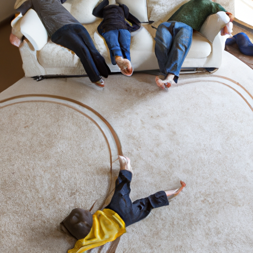 A family relaxing in a clean, allergen-free living room with a freshly cleaned carpet.