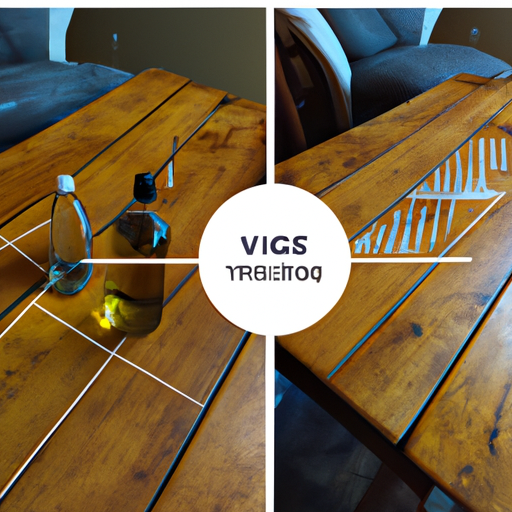 A photo of a wooden table with a before and after comparison, showing the effectiveness of vinegar for cleaning furniture.