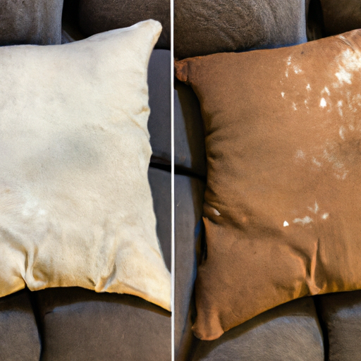 A before and after photo of a stained couch cushion, demonstrating the effectiveness of baking soda in removing stains.