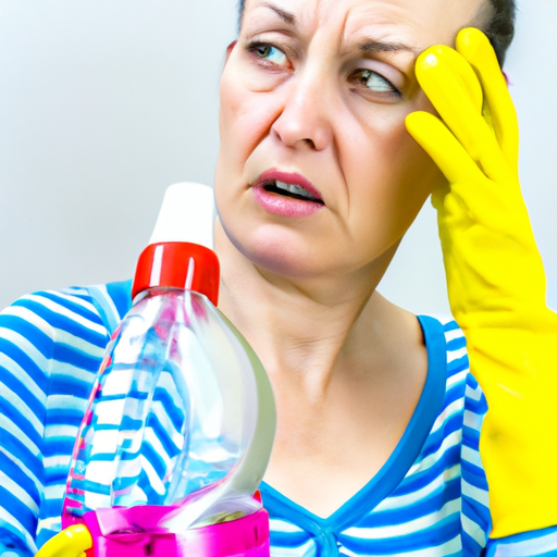 A person holding a cleaning product, looking confused