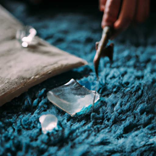 Close-up of an ice cube being used to remove furniture indentations from a carpet