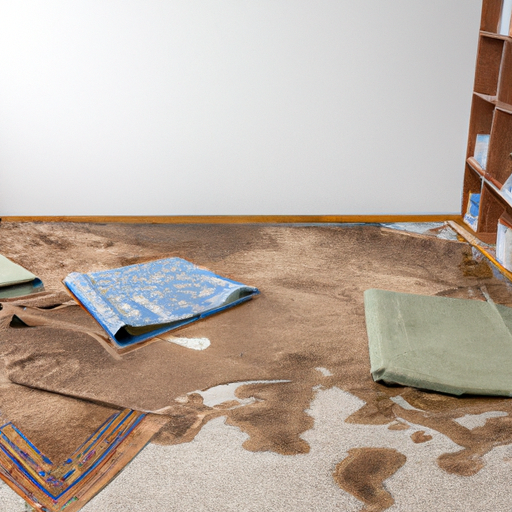 A flooded room with water-damaged carpets