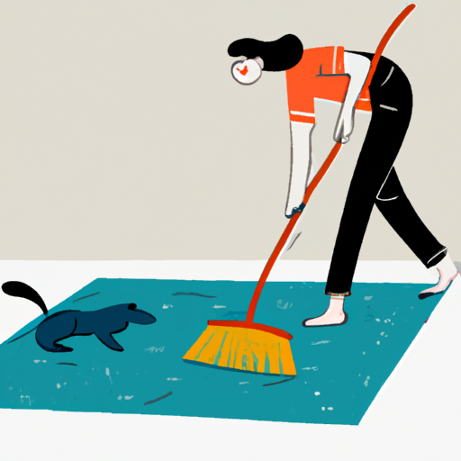 A person using a rubber broom to remove pet hair from the carpet
