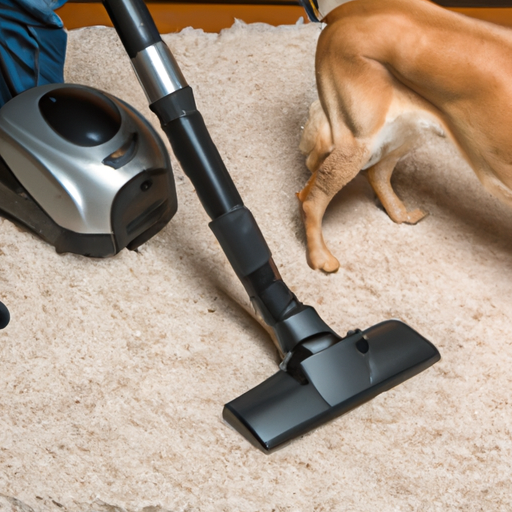 A pet owner vacuuming a carpet with a pet hair specialized vacuum