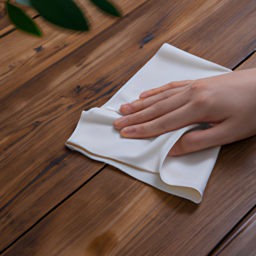 A close-up of a person gently wiping a wooden table with a soft cloth.