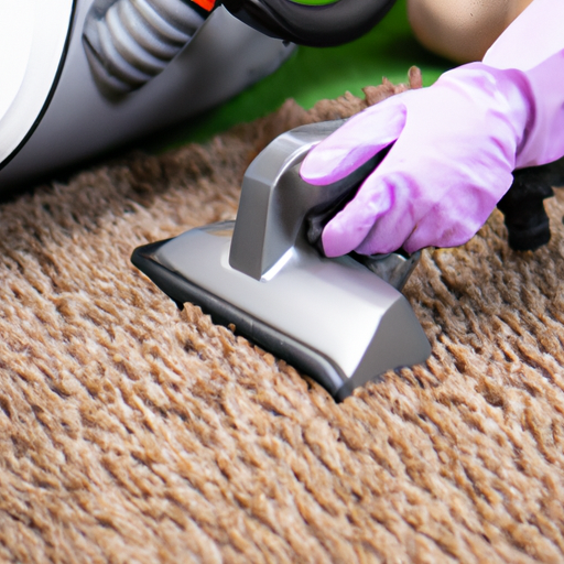 A person wearing protective gloves while using a carpet cleaning machine