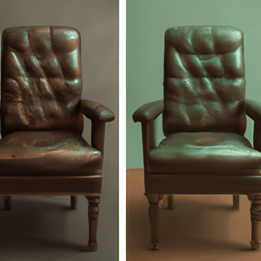 Before and after comparison of a faded leather chair being restored