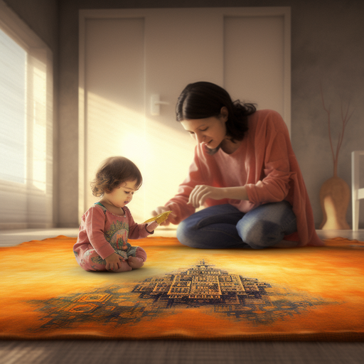 A mother and child playing on a clean, chemical-free rug