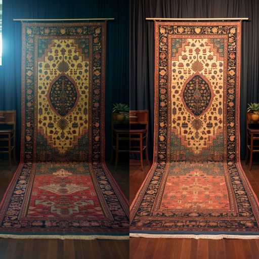 A before-and-after photo illustrating the dramatic improvement in a rug's appearance after proper maintenance.