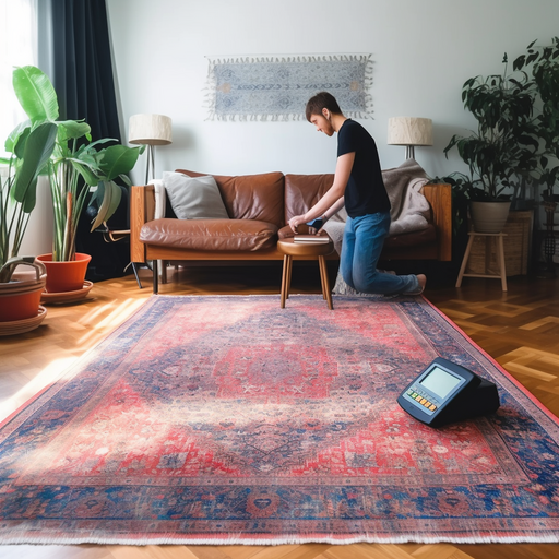 A person using a rented rug cleaner on a large area rug, calculating the cost savings of DIY.