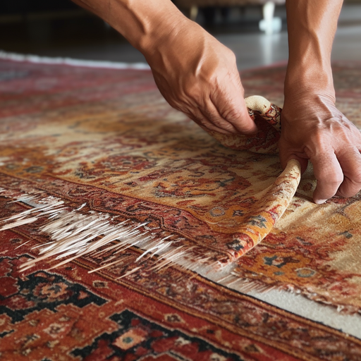 A photo of a person using the wrong cleaning technique, causing damage to the rug fibers