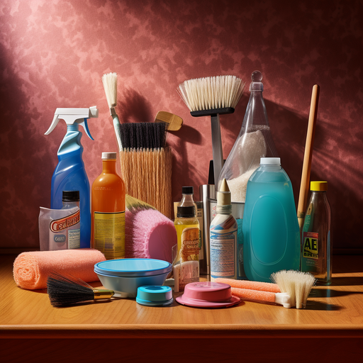 A photo of cleaning supplies, such as a vacuum, brush, and cleaning solution, arranged neatly on a table