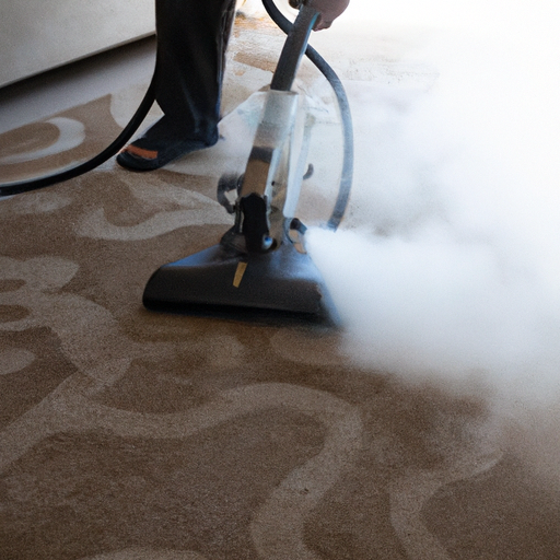 A professional carpet cleaner using a steam cleaning machine on a dirty carpet.