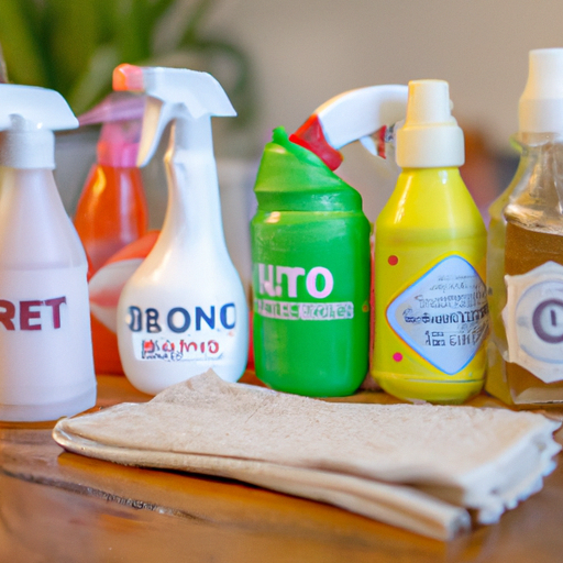 Description: A variety of natural and eco-friendly pet stain and odor removers displayed on a wooden table