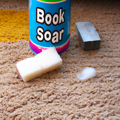 A photo of a clean rug with a box of baking soda and a cleaning brush on top.