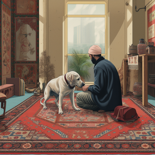 An illustration of a pet owner training their dog to avoid accidents on rugs