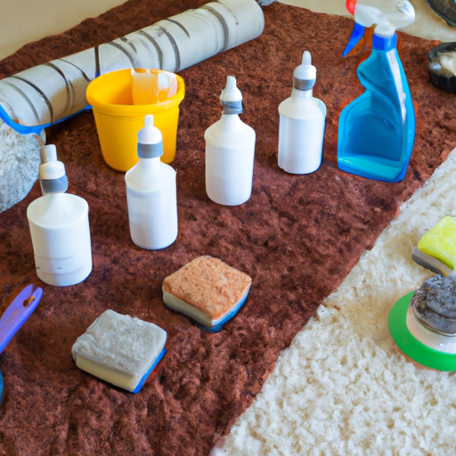 Various DIY carpet cleaning solutions and ingredients lined up on a table