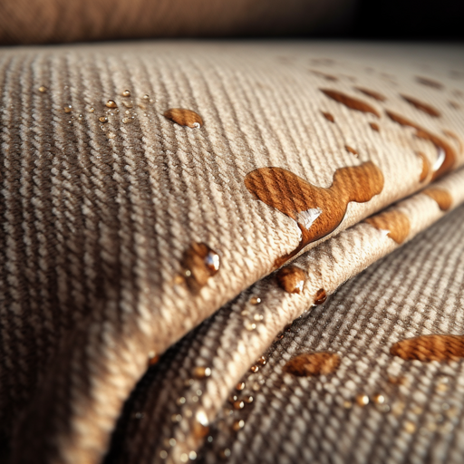 A close-up of a pet stain on a fabric sofa, highlighting the problem