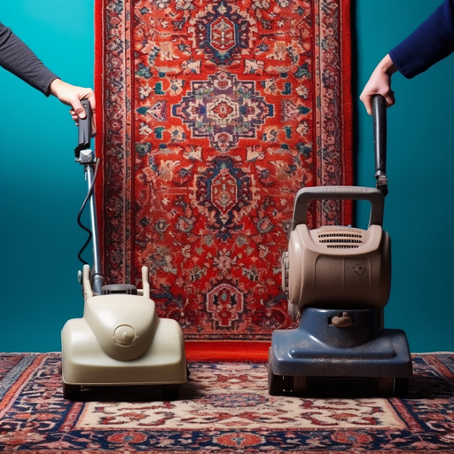 A side-by-side comparison of a rug cleaning machine and a person handwashing a rug, highlighting the differences in size and technique.