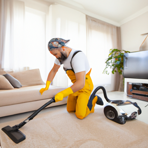 A professional cleaner using a carpet cleaning machine on a living room rug.
