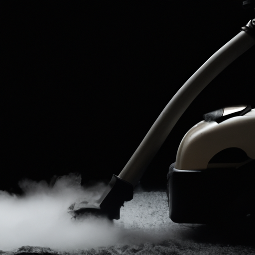 A steam cleaner machine in action, emitting hot water and steam onto a carpet.
