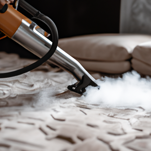 A professional carpet cleaner using a steam cleaner on a residential carpet, showing the effectiveness of the process.
