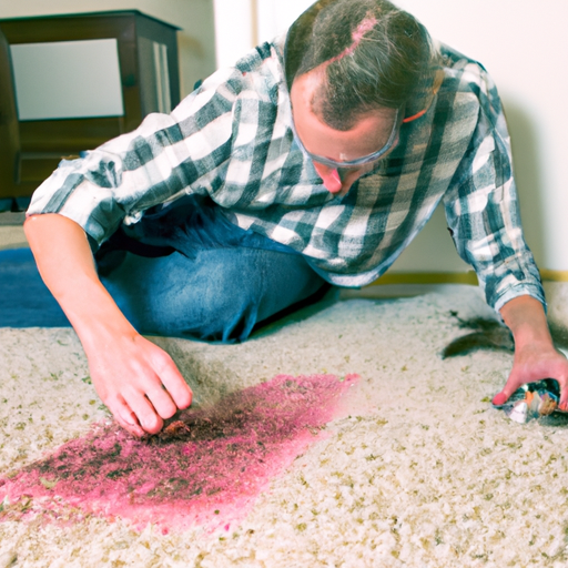 A frustrated homeowner examining a pet stain on a carpet
