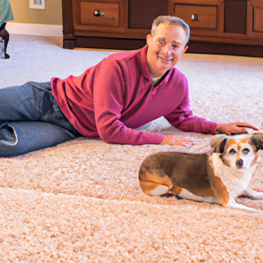 A smiling homeowner with a clean carpet, happily petting their dog