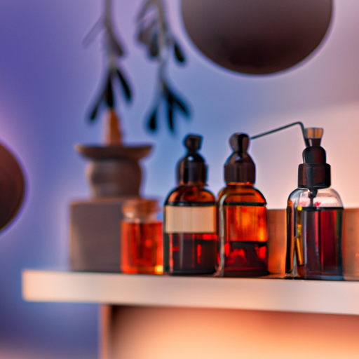 An array of essential oils with a diffuser in the background.
