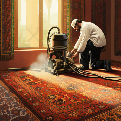 A professional rug cleaner using specialized equipment to thoroughly clean a beautiful oriental rug