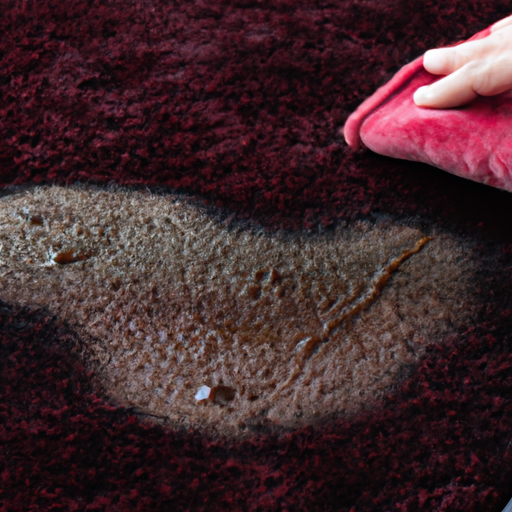 A close-up of a carpet stain being treated with a proper cleaning solution.
