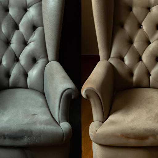 A before and after comparison of a dirty and cleaned upholstered chair