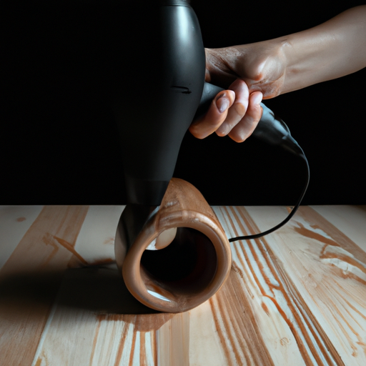 A photo of a person using a hairdryer to remove a water ring from a wooden surface.
