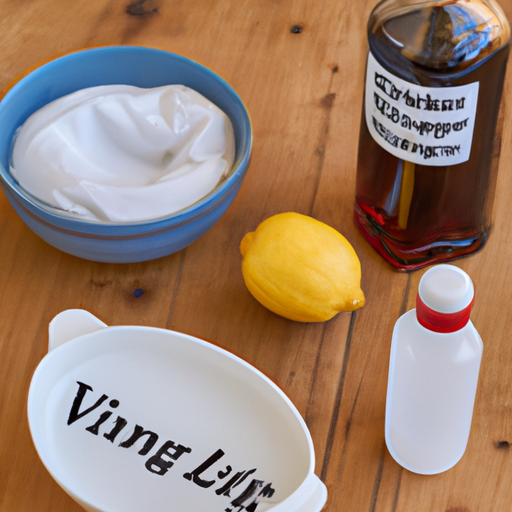 A selection of natural DIY stain remover ingredients, such as vinegar, baking soda, and lemon.