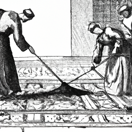 A vintage illustration of people cleaning carpets using traditional methods, such as beating and sweeping.
