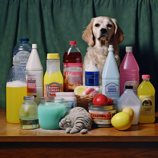 A variety of store-bought pet stain and odor removal products next to common household ingredients like vinegar and baking soda.