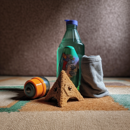 A photo of a bottle of ammonia, a bucket of water, and a sponge on a freshly cleaned rug.