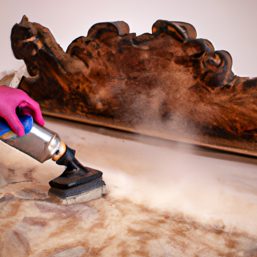 A professional rug cleaner applying a cleaning solution to a dirty rug