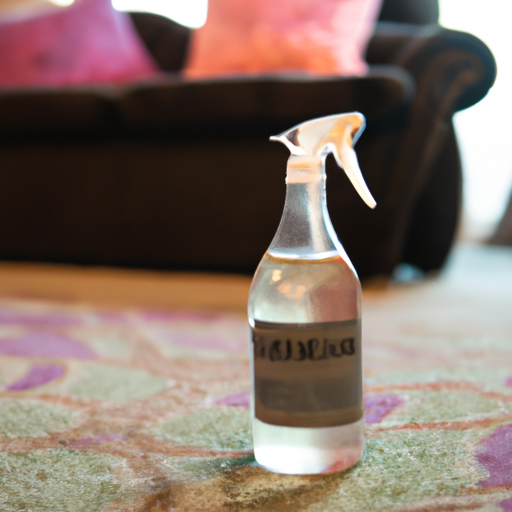 A spray bottle filled with a vinegar and water solution and a stained carpet in the background