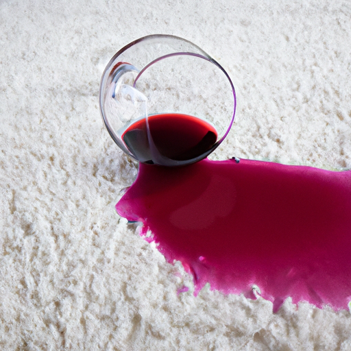 A spilled glass of red wine on a white carpet