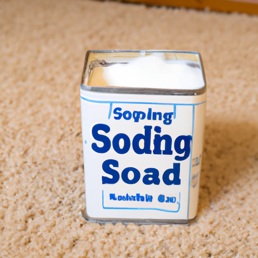 A box of baking soda with a clean carpet in the background