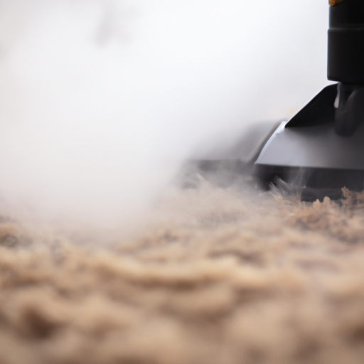 A photo demonstrating the steam cleaning process of a carpet, focusing on the elimination of allergens.