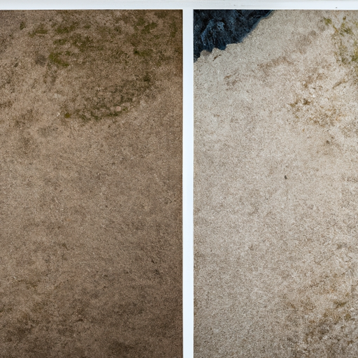 A before-and-after photo of a heavily soiled carpet being professionally cleaned.