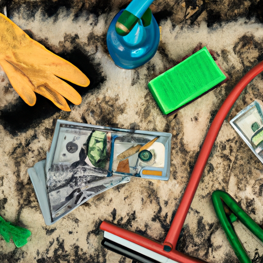 A pile of money next to cleaning tools, illustrating the cost of professional carpet cleaning services