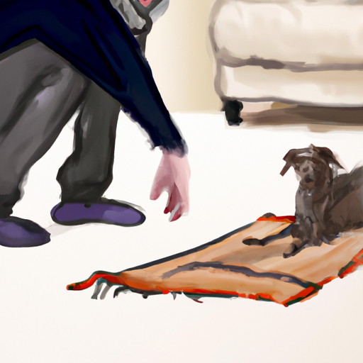 An image depicting a pet owner struggling with a stained carpet