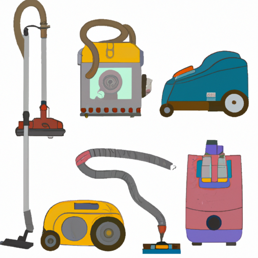 Illustration of various carpet cleaning machines and tools.